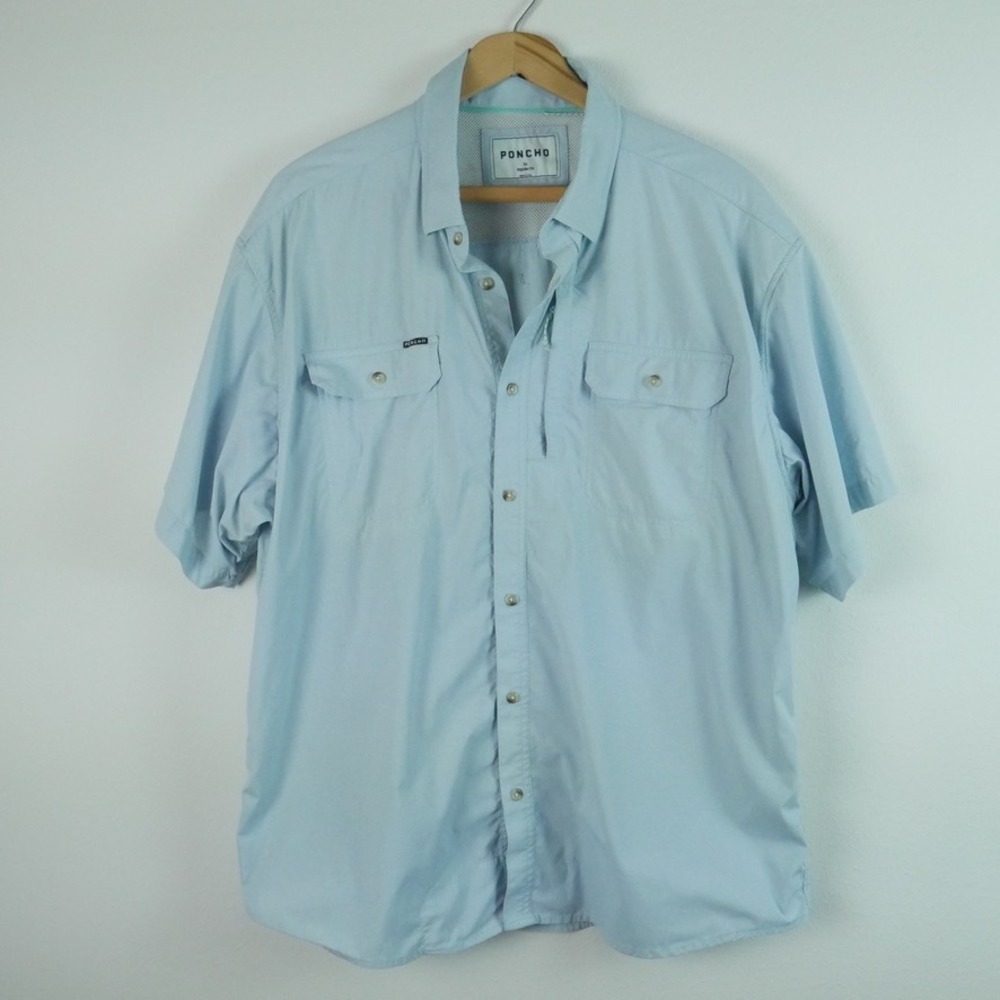 Poncho Outdoors Mens XL Blue Short Sleeve Fishing Shirt Regular Fit Performance